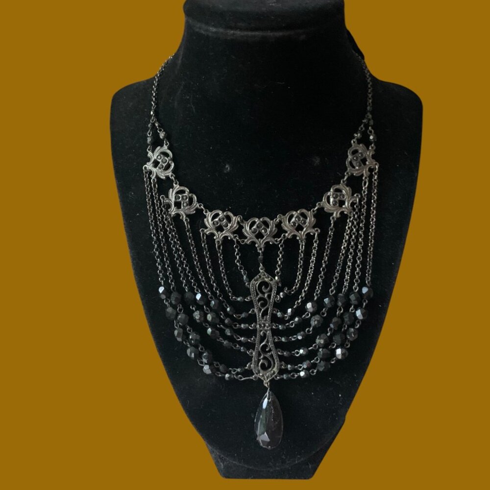 Statement Victorian Gothic Black Acrylic, Glass Bead Choker Necklace - Picture 3 of 7